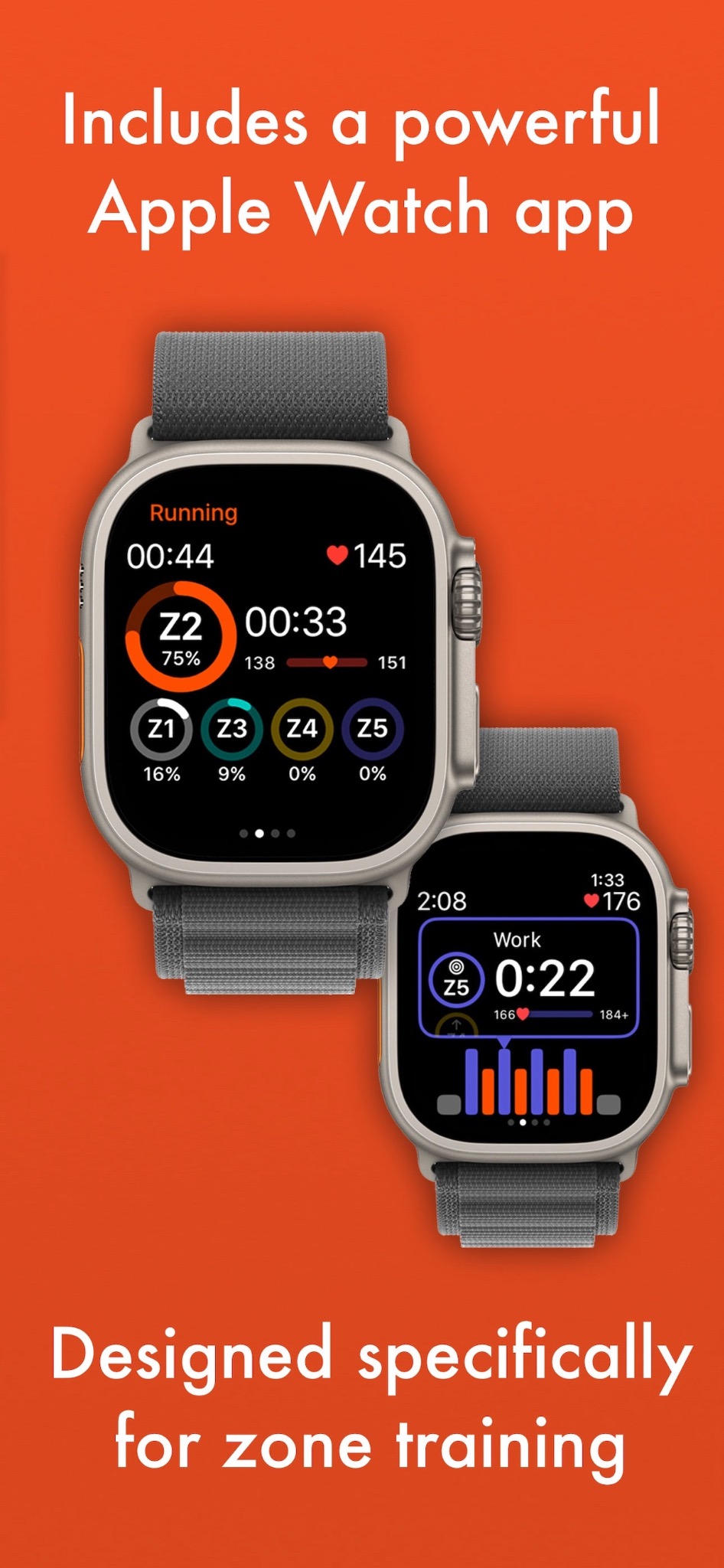 Zone 2 Apple Watch app showing live zones and an interval workout